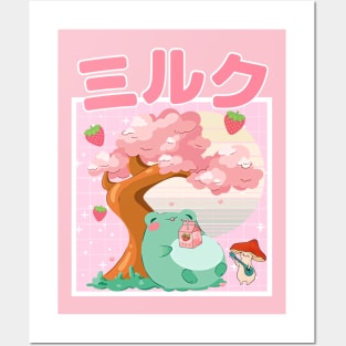 Strawberry Milk Kawaii Frog and Mushroom Posters and Art